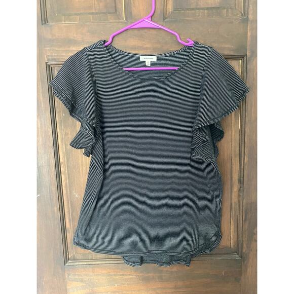 Max Studio Small Striped Short Flutter Sleeve Black White Cotton Poly Stretch - Picture 5 of 7